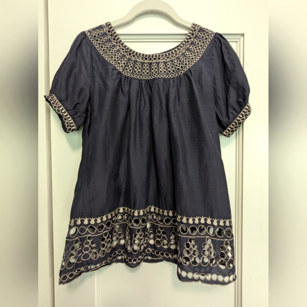 Elegant Navy Embroidered Silk top with white trim Sz M